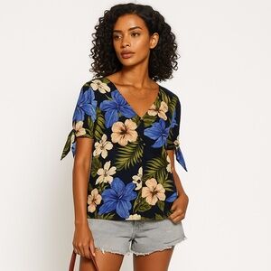 VERO MODA Tropical Floral Linen Viscose Button Up Tie Sleeve Blouse  Resort L